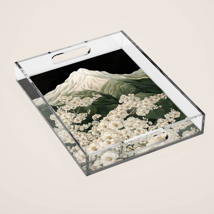 Japanese Floral Wall Art Mountain Poster Sage Green Wabi Sabi japandi  botanical Flower Painting Acrylic Tray Gallery Image 1