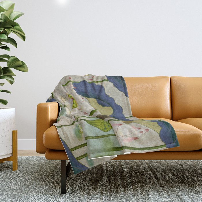 Lotus Flowers B - Minhwa-Korean Traditional/Folk Art Throw Blanket