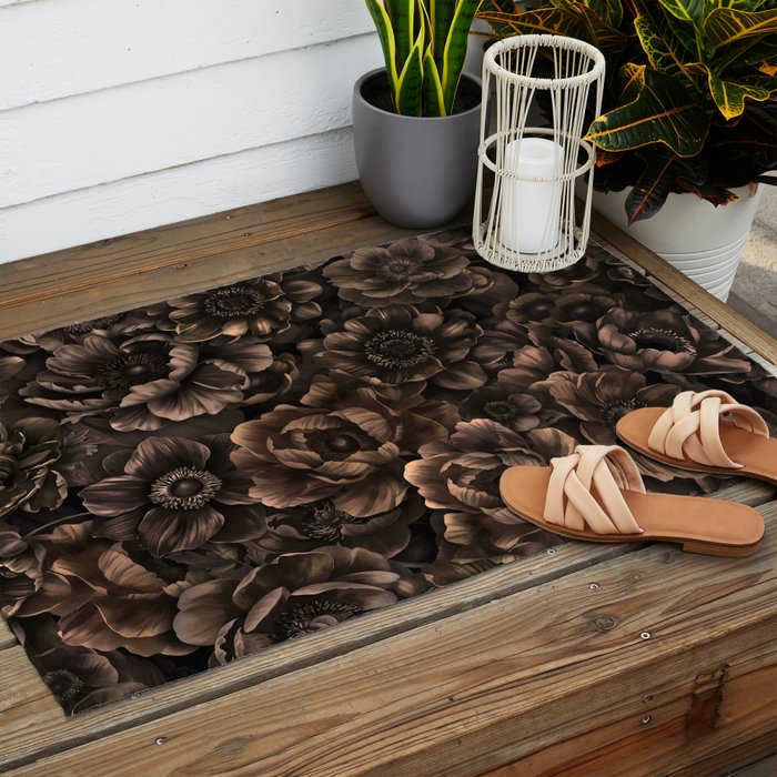 Nocturnal Twilight Brown Petals Floral Elegance Outdoor Rug Gallery Image 2