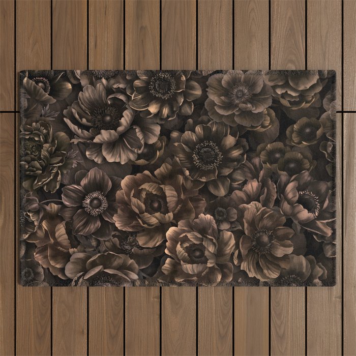 Nocturnal Twilight Brown Petals Floral Elegance Outdoor Rug Gallery Image 1