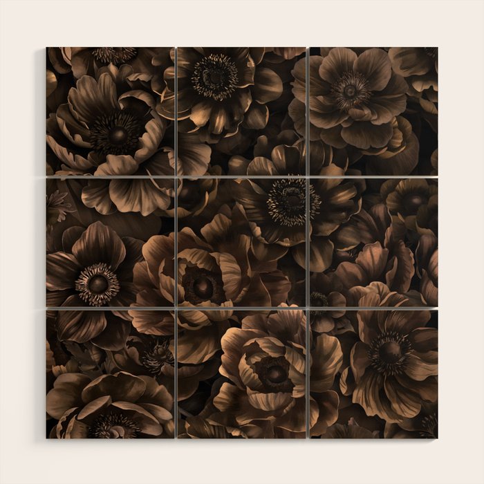 Nocturnal Twilight Brown Petals Floral Elegance Wood Wall Art Gallery Image 1
