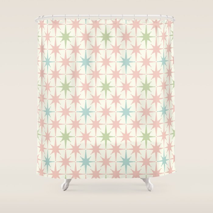 Mid Century Modern Atomic Stars Soft Pastel Retro Starburst Pattern Shower Curtain Gallery Image 1