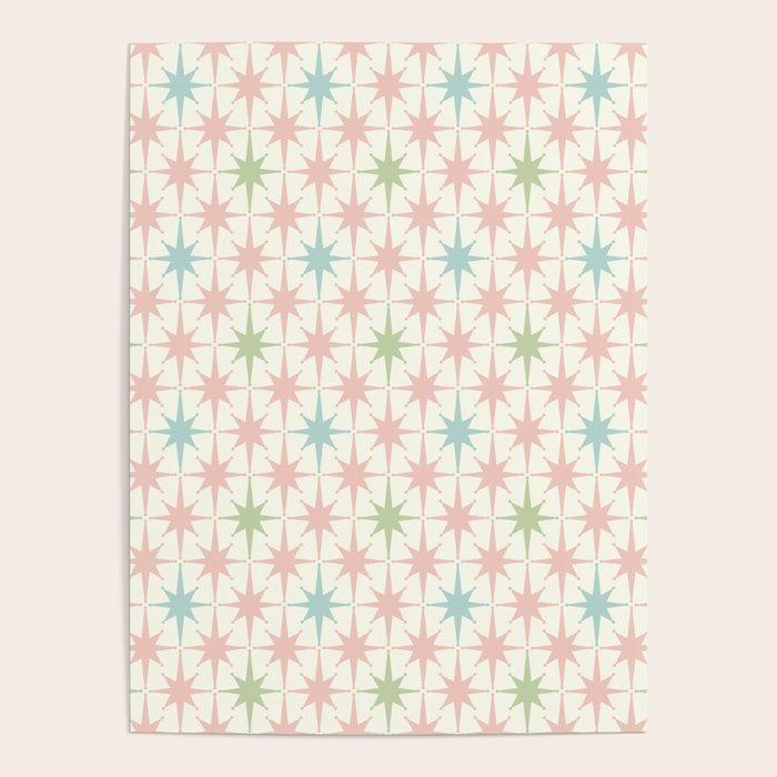 Mid Century Modern Atomic Stars Soft Pastel Retro Starburst Pattern Poster Gallery Image 1