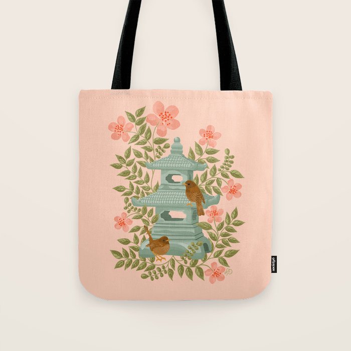 Serene Pagoda with Blossoms and Birds Tote Bag Gallery Image 1