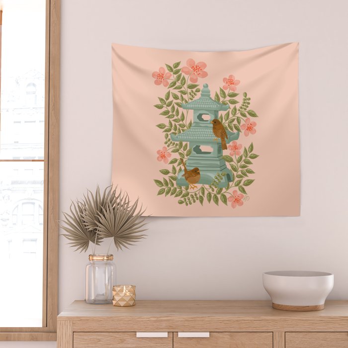 Serene Pagoda with Blossoms and Birds Wall Tapestry Gallery Image 2