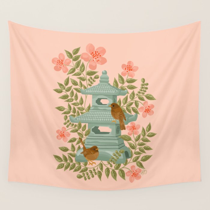 Serene Pagoda with Blossoms and Birds Wall Tapestry Gallery Image 4