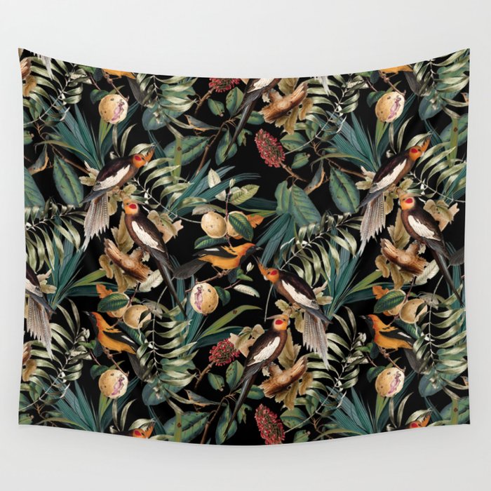 Floral and Birds Vintage Garden Night Wall Tapestry Gallery Image 4