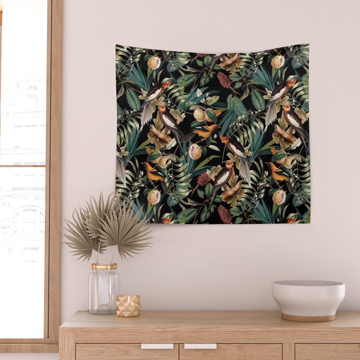 Floral and Birds Vintage Garden Night Wall Tapestry Gallery Image 2