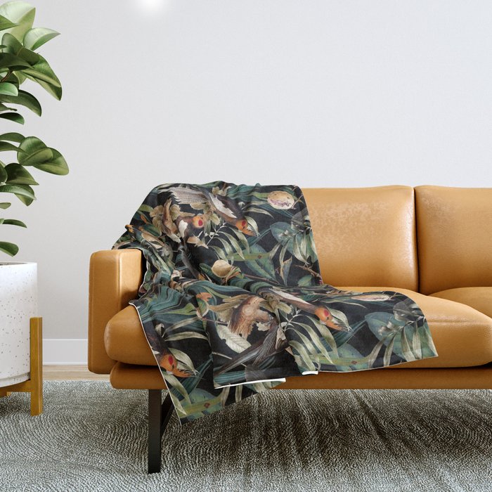 Floral and Birds Vintage Garden Night Throw Blanket Gallery Image 1