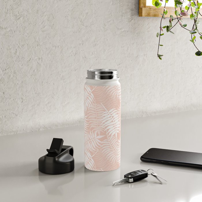 Palm Leaves . Peachy Pink Water Bottle Gallery Image 4
