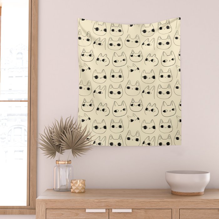 Cute Kawaii Cat Face Doodle Sketch Drawings Wall Tapestry Gallery Image 2