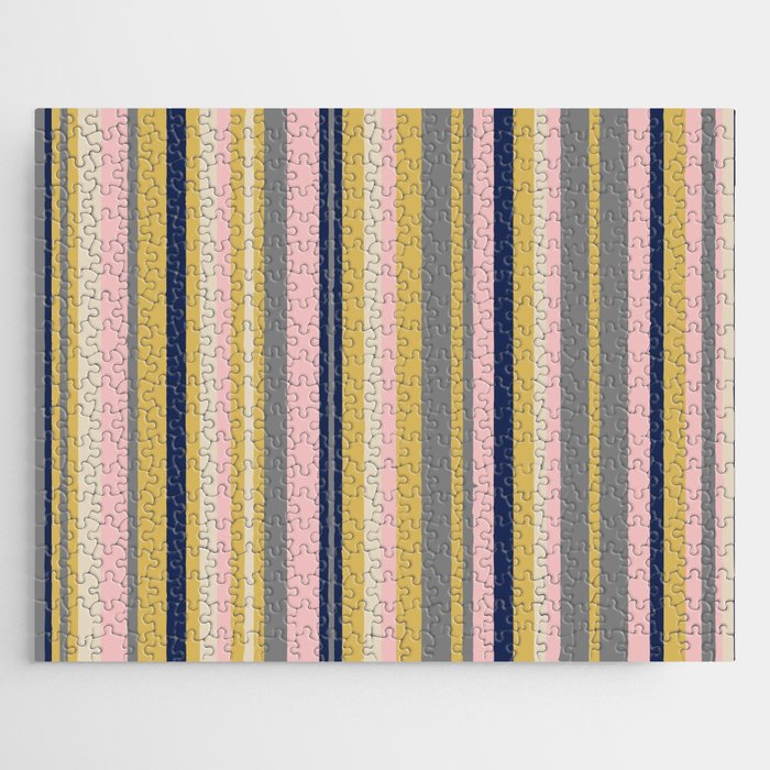 Variegated Thin Stripes Pattern in Mustard Yellow, Gray, Navy Blue, and Pink Jigsaw Puzzle Gallery Image 1