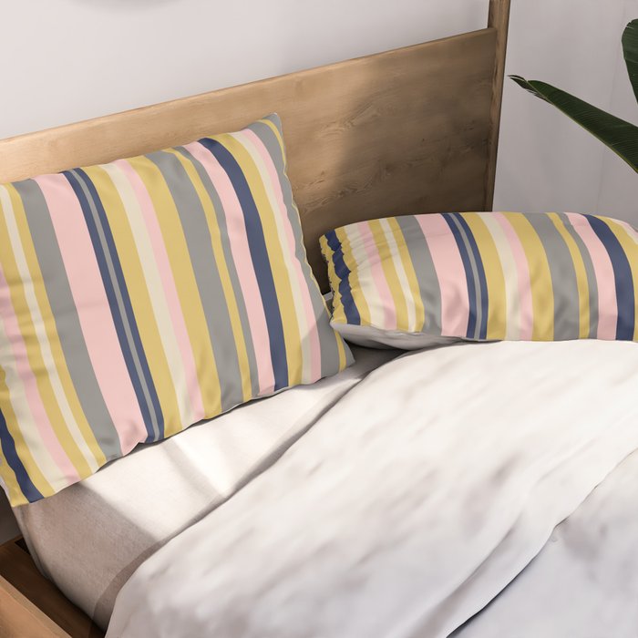 Variegated Thin Stripes Pattern in Mustard Yellow, Gray, Navy Blue, and Pink Pillow Sham Gallery Image 2