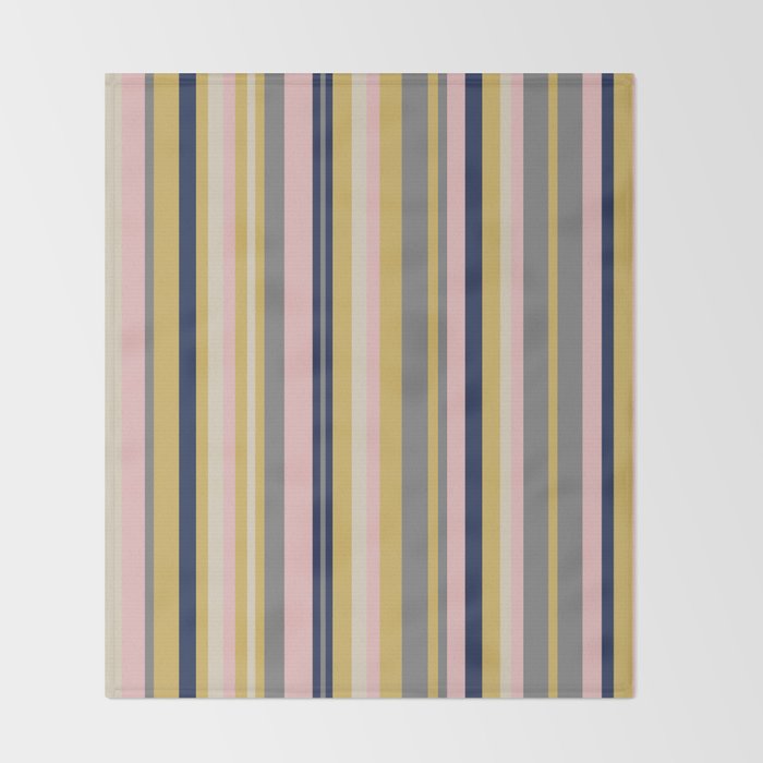 Variegated Thin Stripes Pattern in Mustard Yellow, Gray, Navy Blue, and Pink Throw Blanket Gallery Image 2