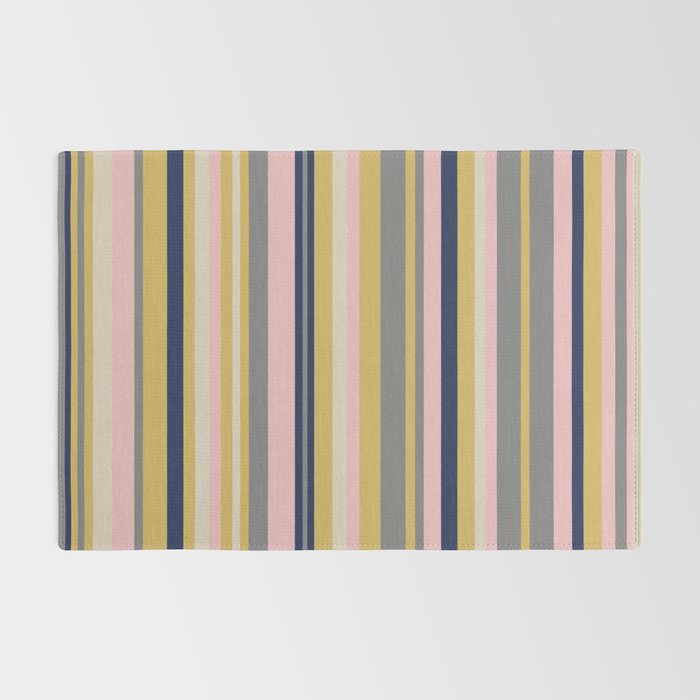 Variegated Thin Stripes Pattern in Mustard Yellow, Gray, Navy Blue, and Pink Rug Gallery Image 2