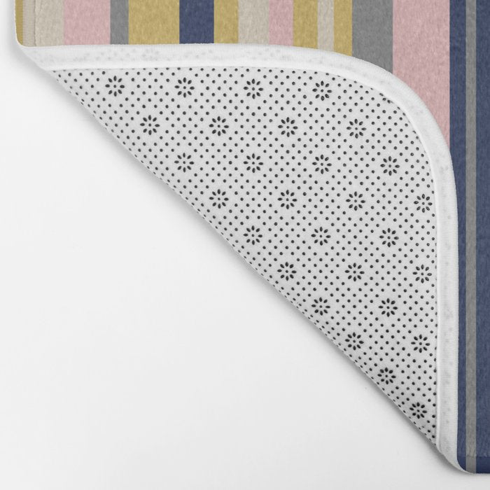 Variegated Thin Stripes Pattern in Mustard Yellow, Gray, Navy Blue, and Pink Bath Mat Gallery Image 2