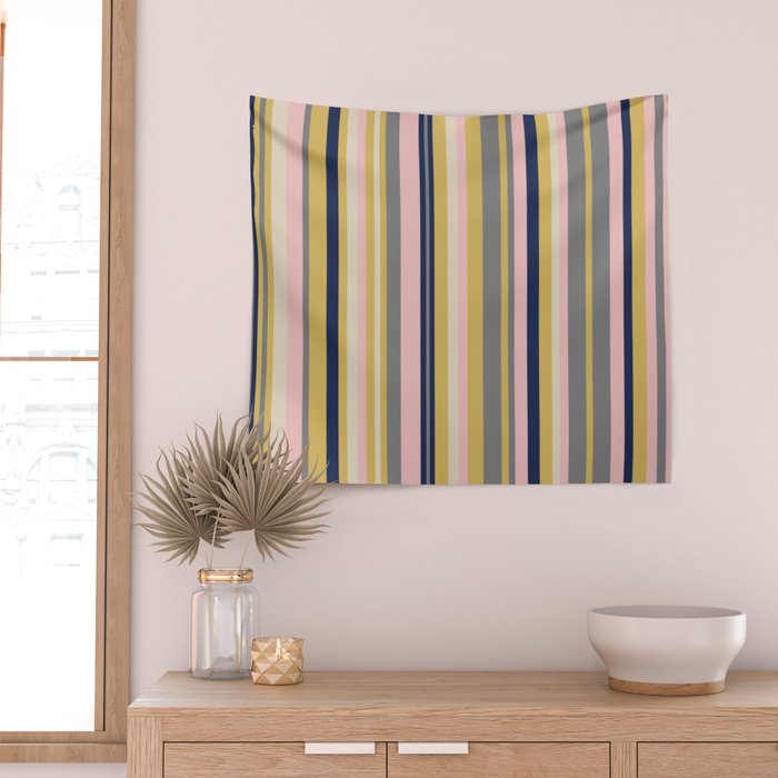 Variegated Thin Stripes Pattern in Mustard Yellow, Gray, Navy Blue, and Pink Wall Tapestry Gallery Image 2