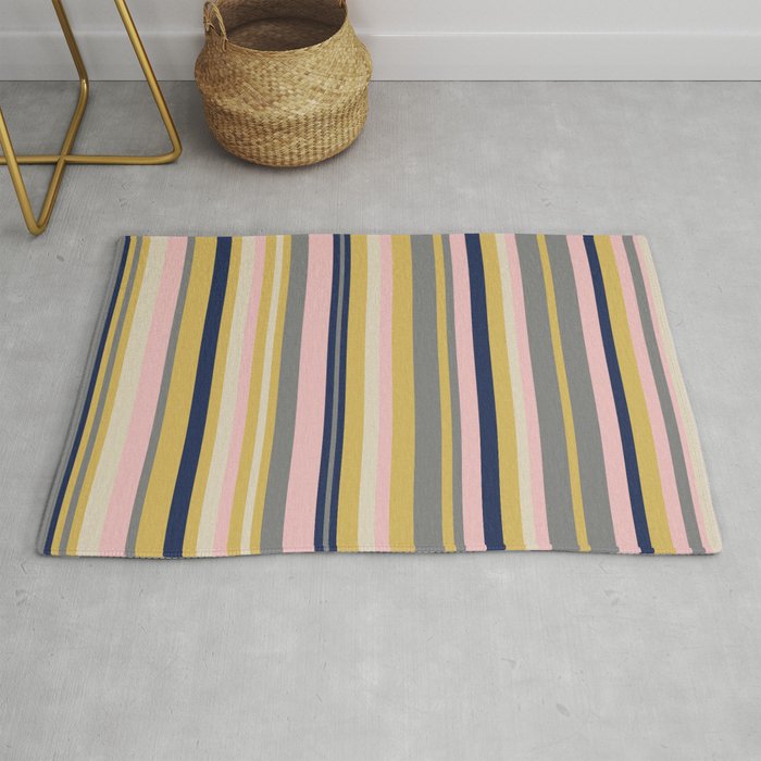 Variegated Thin Stripes Pattern in Mustard Yellow, Gray, Navy Blue, and Pink Rug Gallery Image 1