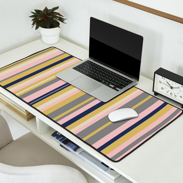 Variegated Thin Stripes Pattern in Mustard Yellow, Gray, Navy Blue, and Pink Desk Mat Gallery Image 2