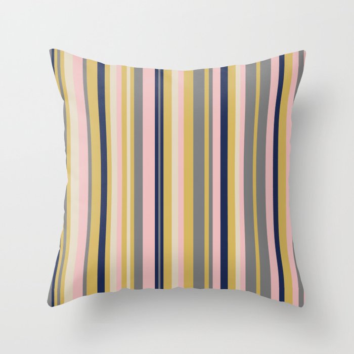 Variegated Thin Stripes Pattern in Mustard Yellow, Gray, Navy Blue, and Pink Throw Pillow Gallery Image 1