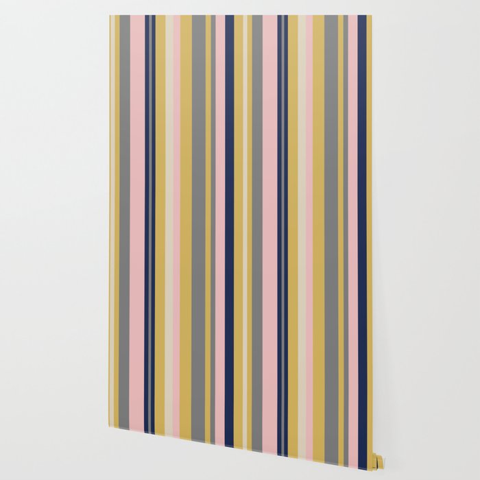 Variegated Thin Stripes Pattern in Mustard Yellow, Gray, Navy Blue, and Pink Wallpaper Gallery Image 2