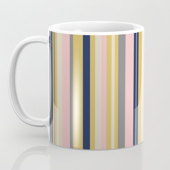 Variegated Thin Stripes Pattern in Mustard Yellow, Gray, Navy Blue, and Pink Coffee Mug Gallery Image 3