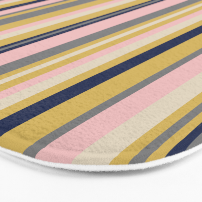 Variegated Thin Stripes Pattern in Mustard Yellow, Gray, Navy Blue, and Pink Bath Mat Gallery Image 3