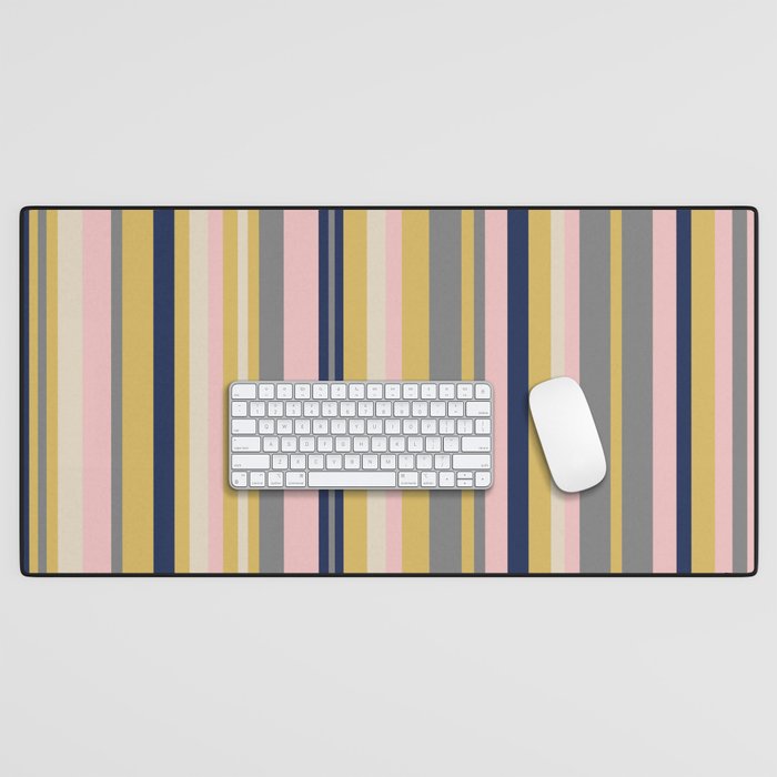 Variegated Thin Stripes Pattern in Mustard Yellow, Gray, Navy Blue, and Pink Desk Mat Gallery Image 1
