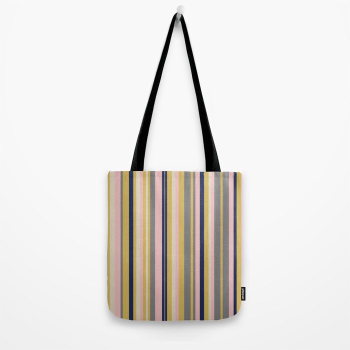Variegated Thin Stripes Pattern in Mustard Yellow, Gray, Navy Blue, and Pink Tote Bag Gallery Image 2