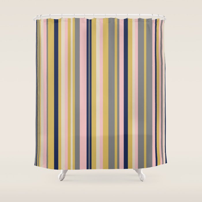 Variegated Thin Stripes Pattern in Mustard Yellow, Gray, Navy Blue, and Pink Shower Curtain Gallery Image 1
