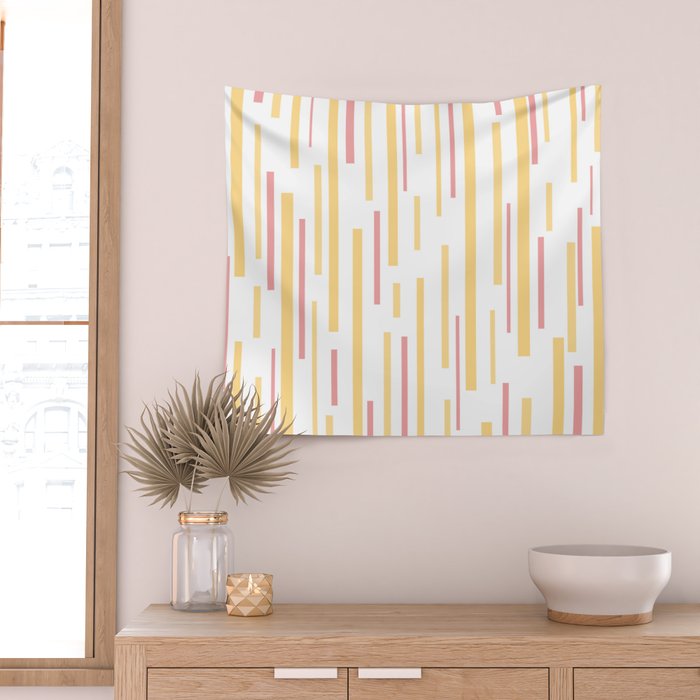 Interrupted Lines Mid-Century Modern Pattern in Mustard Yellow, Bright Pink, and White Wall Tapestry Gallery Image 2
