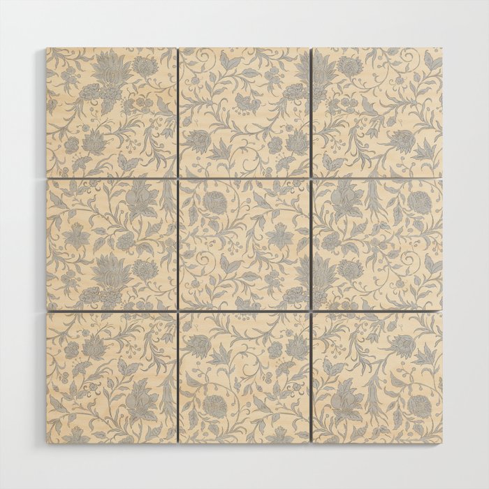 Hand Drawn Jacobean Floral - Blue Cream Wood Wall Art Gallery Image 1