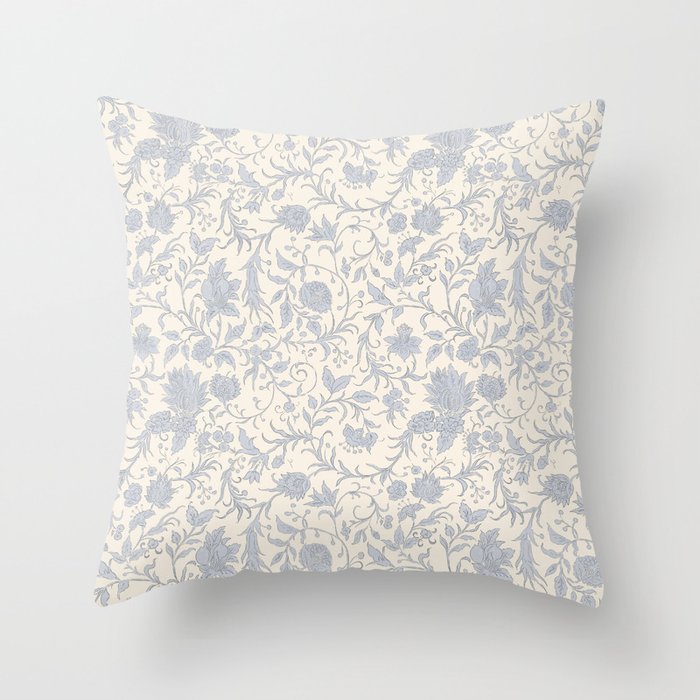 Hand Drawn Jacobean Floral - Blue Cream Throw Pillow Gallery Image 1