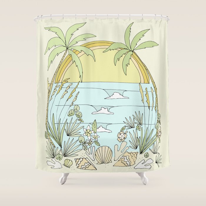 tropical vibes fl sunshine seashells waves // retro surf art by surfy birdy Shower Curtain Gallery Image 1