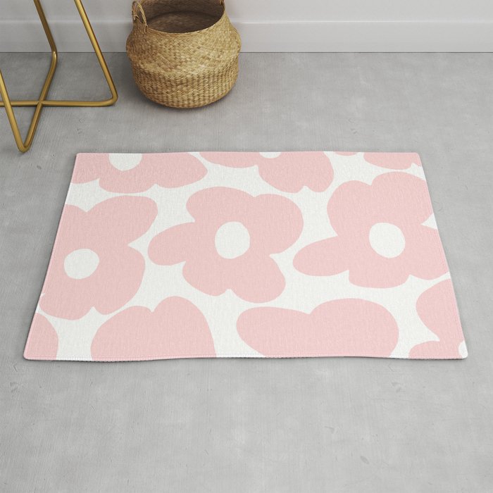 Large Baby Pink Retro Flowers on White Background #decor #society6 #buyart Rug Gallery Image 1