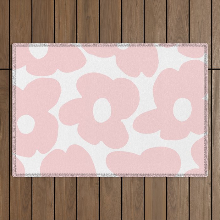 Large Baby Pink Retro Flowers on White Background #decor #society6 #buyart Outdoor Rug Gallery Image 1