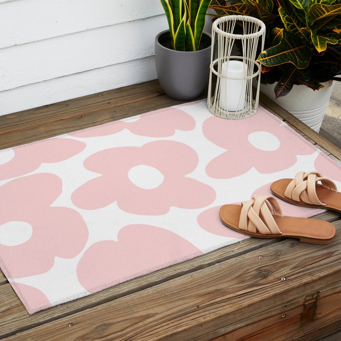 Large Baby Pink Retro Flowers on White Background #decor #society6 #buyart Outdoor Rug Gallery Image 2
