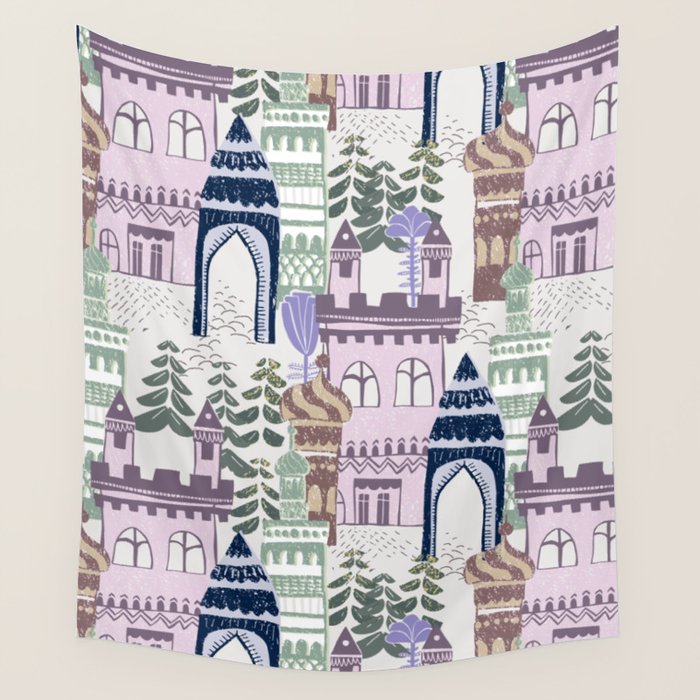 Block print Home pattern lilac Wall Tapestry Gallery Image 1