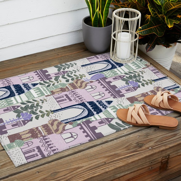 Block print Home pattern lilac Outdoor Rug Gallery Image 2