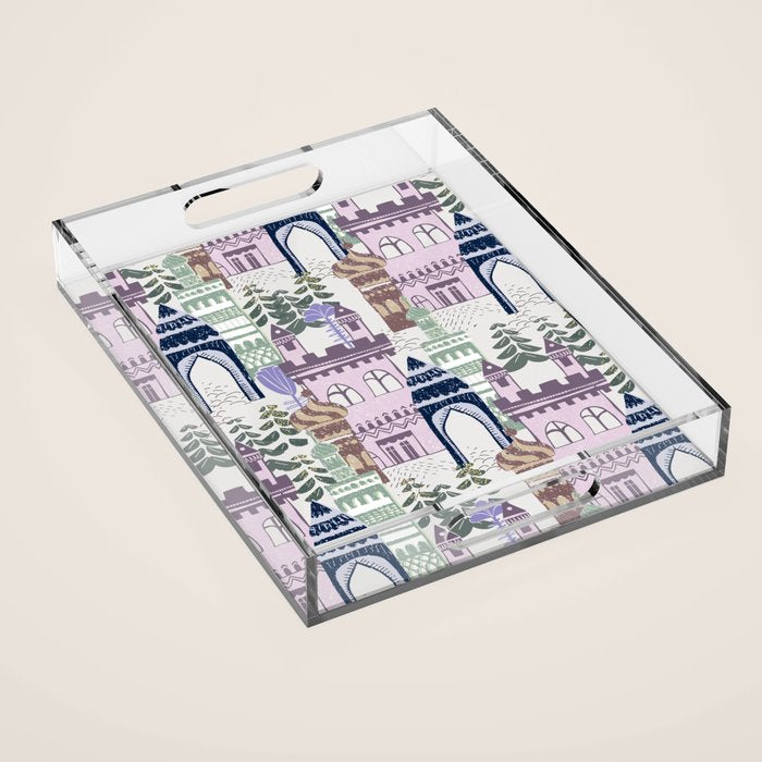 Block print Home pattern lilac Acrylic Tray Gallery Image 1