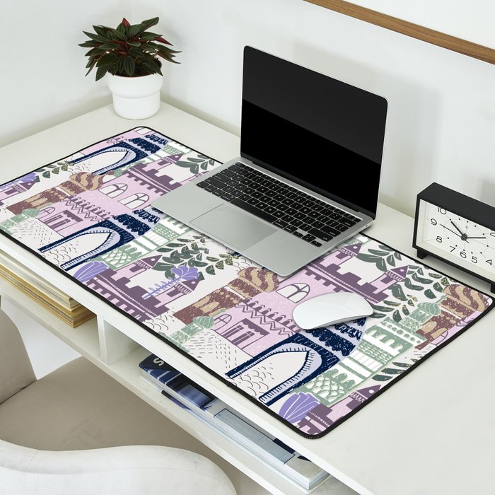 Block print Home pattern lilac Desk Mat Gallery Image 2