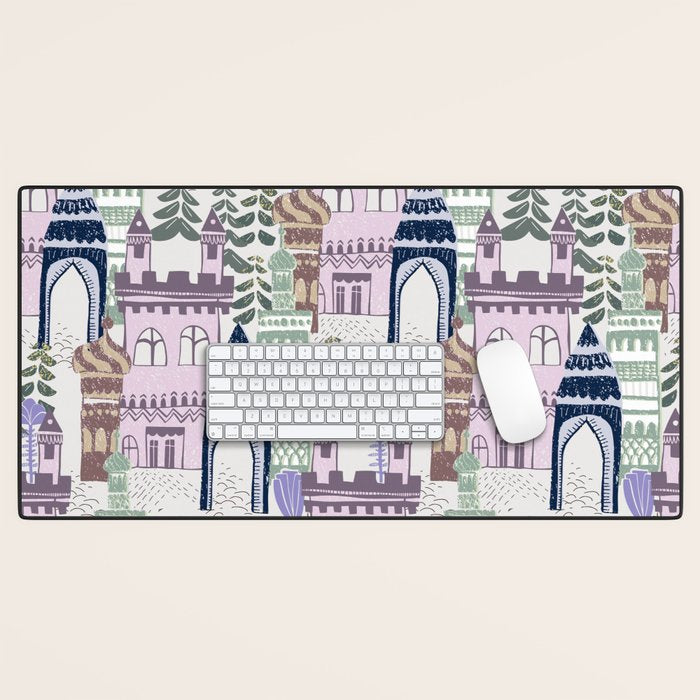 Block print Home pattern lilac Desk Mat Gallery Image 1