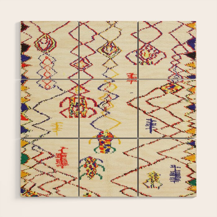 Red Yellow Abstract Antique Colorful Moroccan Rug Print Wood Wall Art Gallery Image 1