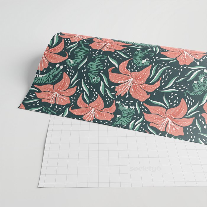 Tigers & Tiger Lilies - Teal & Rose Wrapping Paper Gallery Image 2