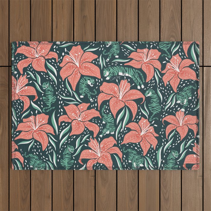 Tigers & Tiger Lilies - Teal & Rose Outdoor Rug Gallery Image 1