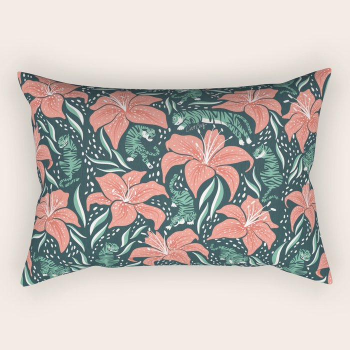 Tigers & Tiger Lilies - Teal & Rose Rectangular Pillow Gallery Image 1