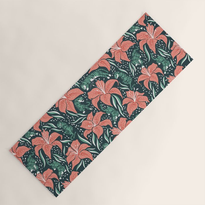 Tigers & Tiger Lilies - Teal & Rose Yoga Mat Gallery Image 1