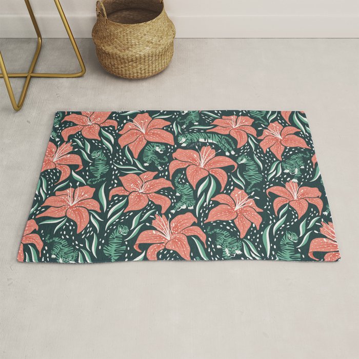 Tigers & Tiger Lilies - Teal & Rose Rug Gallery Image 1