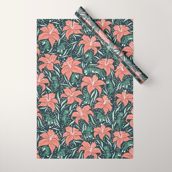Tigers & Tiger Lilies - Teal & Rose Wrapping Paper Gallery Image 1