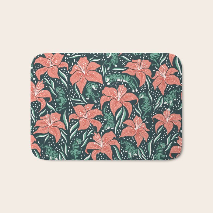 Tigers & Tiger Lilies - Teal & Rose Bath Mat Gallery Image 1